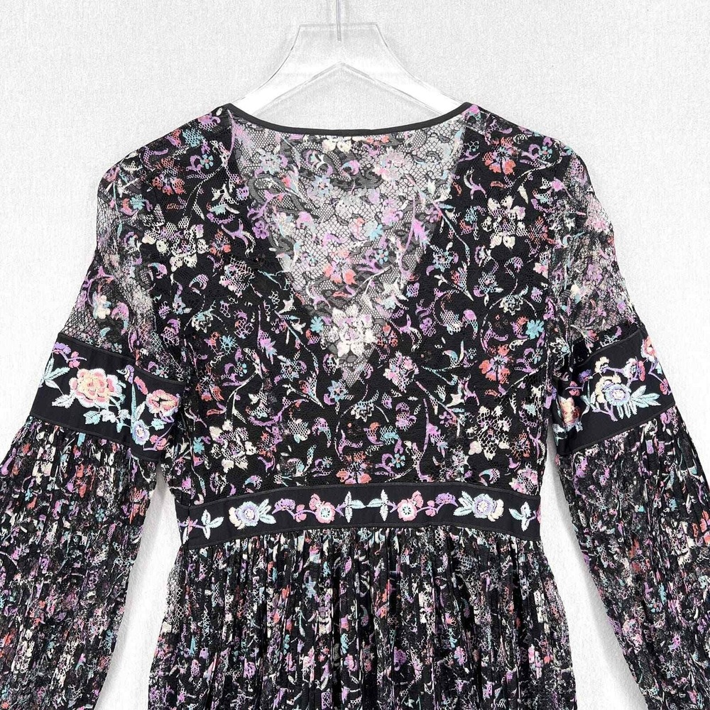 Free People Mini Dress Womens 2 Black Floral Lace Embroidered V-Neck Long Sleeve - Picture 7 of 16